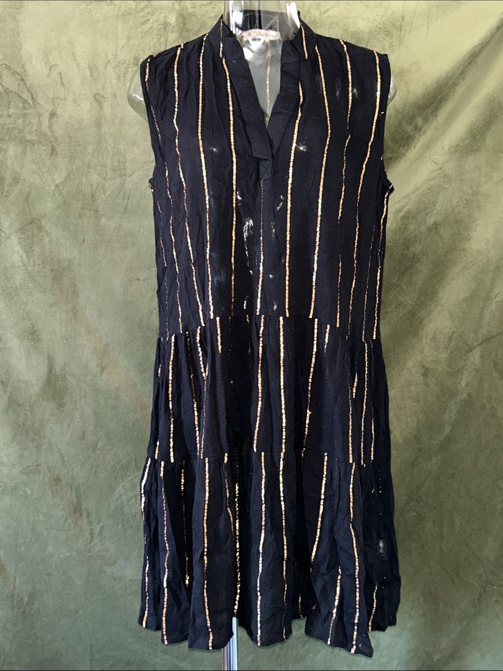 Black Midi Dress with Gold Vertical Stripes